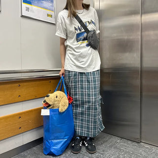 Checked ribbon strap long skirt
