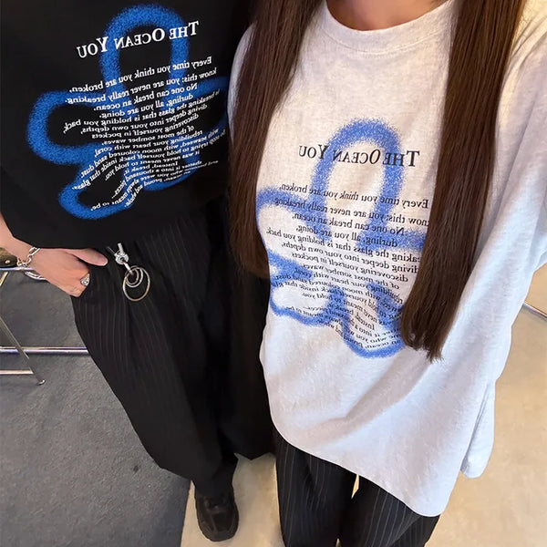 (Unisex) Spray Flower Lettering Long Half T-Shirt
