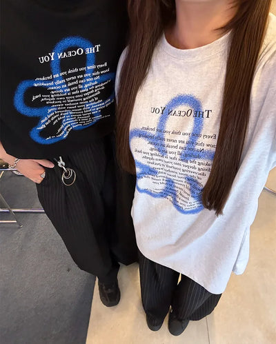 (Unisex) Spray Flower Lettering Long Half T-Shirt