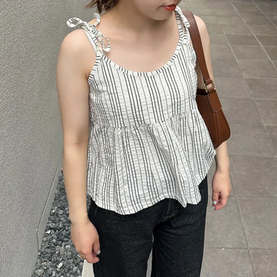 Striped shirred sleeveless top