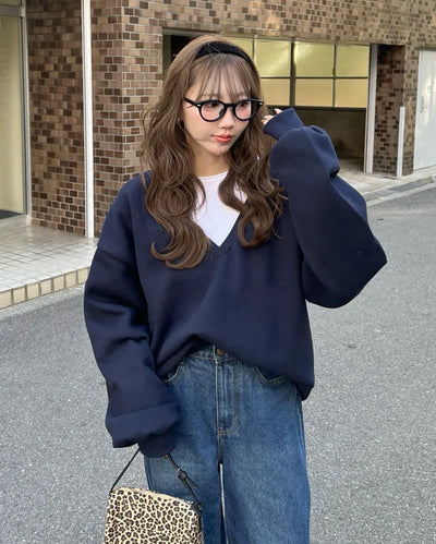 Brushed fleece deep V-neck sweatshirt