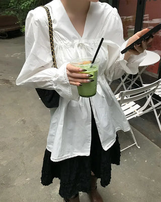 Drawstring Long Puff Sleeve Blouse