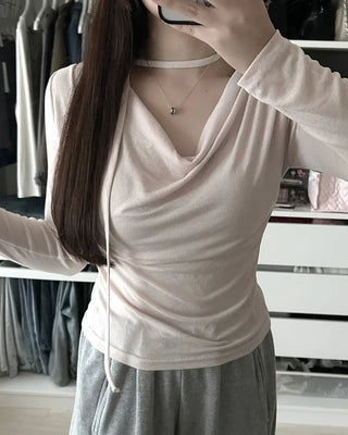 Drape neck strap point long sleeve shirt