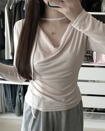 Drape neck strap point long sleeve shirt