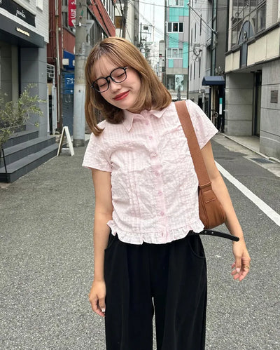 Checked pintuck detail short-sleeved blouse