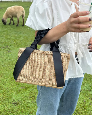 Shirring top handle rattan bag