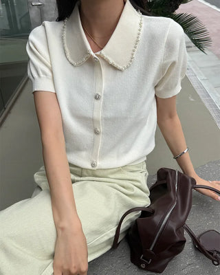 Pearl Button Short-Sleeve Colored Knit