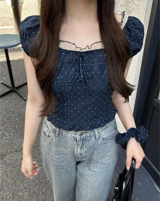 (Set) Polka Dot Puff Blouse and Scrunchie