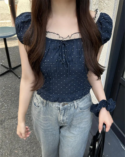 (Set) Polka Dot Puff Blouse and Scrunchie