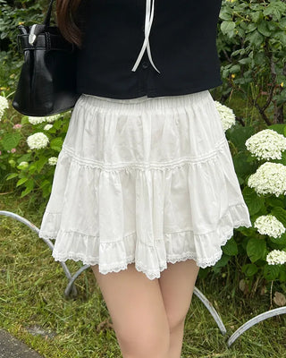 Tiered lace ruffle mini skirt