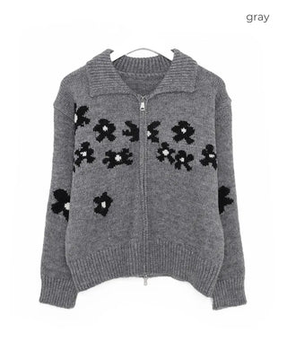 Flower-point color knit zip-up