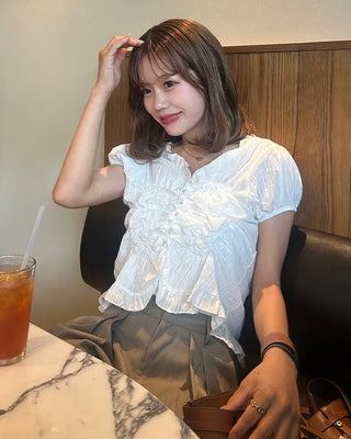 Smoked Frill Short Sleeve Blouse