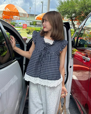 Lace layered check sleeveless top