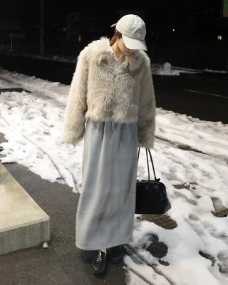 Elastic waist fleece long skirt