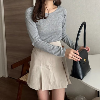 U-neck ribbed long-sleeved T-shirt