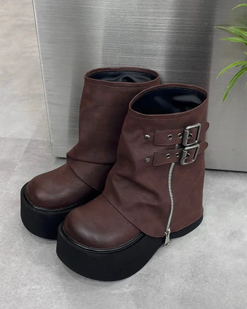 Buckle Zipper Leather Mid-Calf Boots