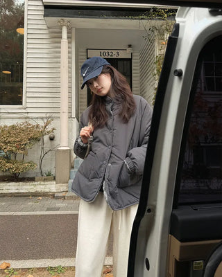 Down jacket x fleece reversible high-neck jacket