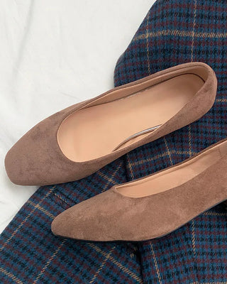(3 colors) Suede Square Toe Mid-Heel Pumps