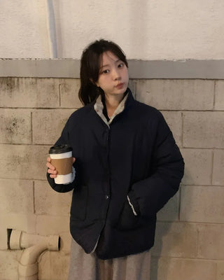 Down jacket x fleece reversible high-neck jacket