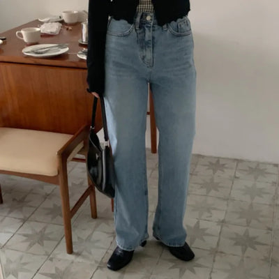 Semi-wide high-waist washed denim pants