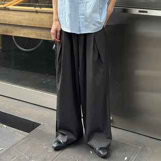 Double-pleated wide-leg slacks