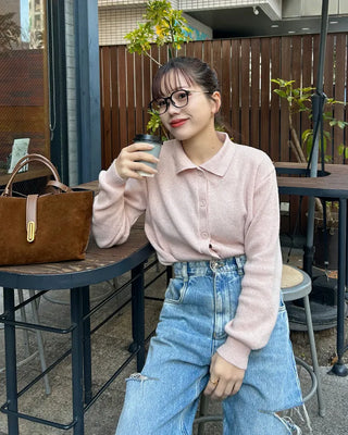 Colored neck knit cardigan