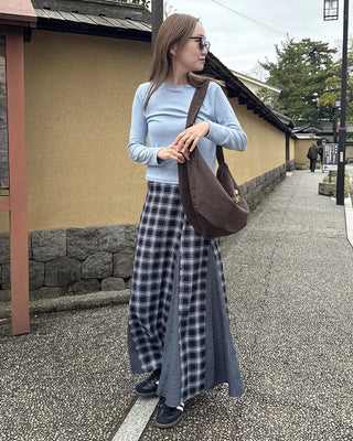 Slit check long skirt