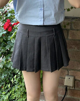 Belted Pinstripe Pleated Mini Skirt