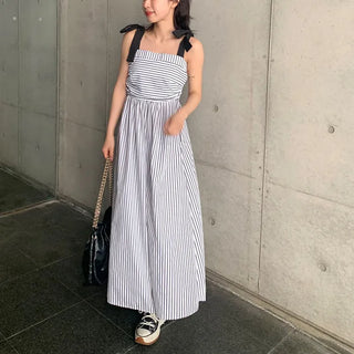 Ribbon strap striped dress