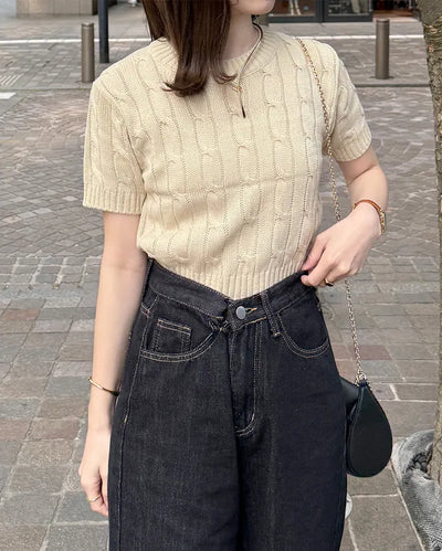 Round neck cable knit short sleeve knit