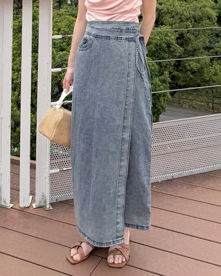 Wrap long denim skirt