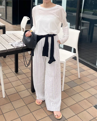 Striped string point wide-leg pants with elastic waistband
