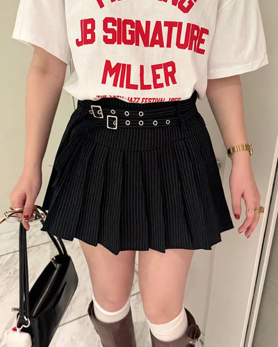 Double-belted pinstripe mini skirt
