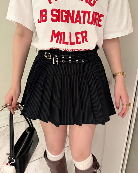 Double-belted pinstripe mini skirt