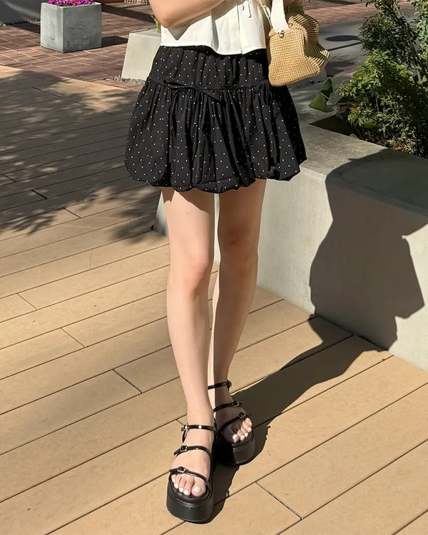 Ribbon Point Dot Pattern Balloon Fit Mini Skirt