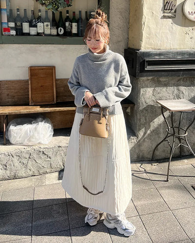 Elastic waist flared long skirt
