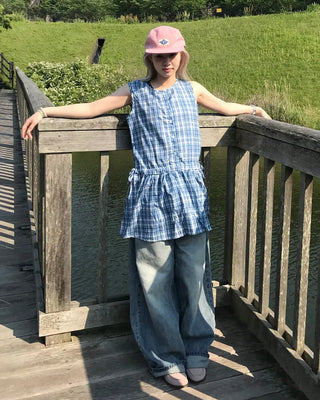 Checkered frill ribbon dress