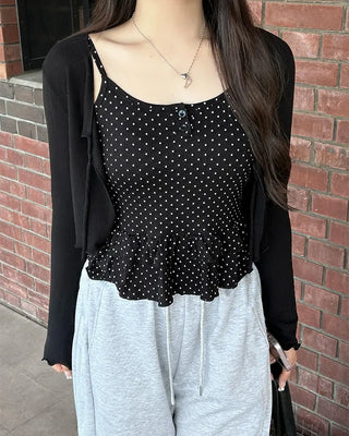 Cup-attached polka dot ruffle lace camisole