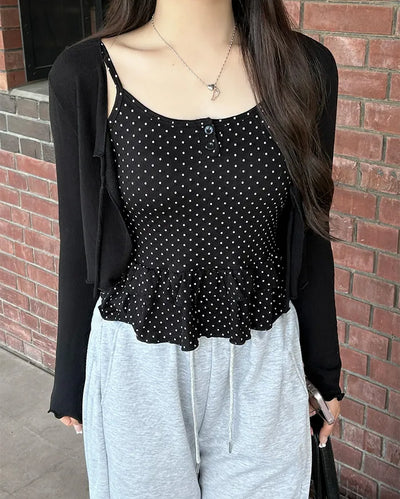 Cup-attached polka dot ruffle lace camisole