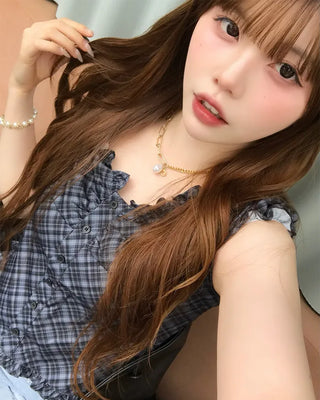 Checked Shirred Short Sleeve Blouse