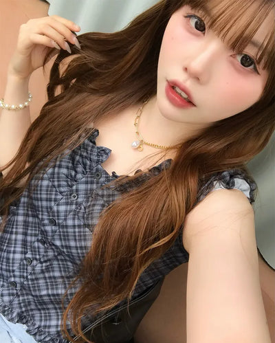 Checked Shirred Short Sleeve Blouse