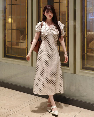 Polka Dot Puff Sleeve Long Dress