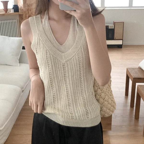 Linen halter knit sleeveless top