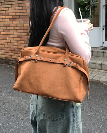Suede belt buckle shoulder bag