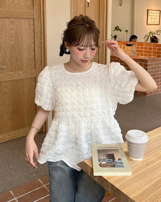 Oversized embossed shirred short-sleeved blouse
