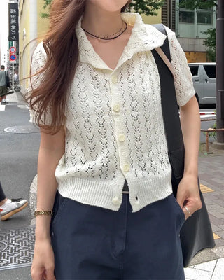 Perforated knit polo cardigan