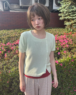 Asymmetrical Button Short Sleeve Knit