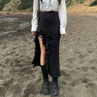 Frilled asymmetrical long skirt