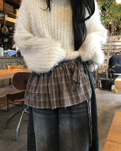 Checked frill layered wrap skirt