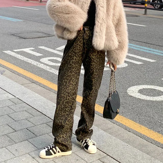 Leopard print denim pants